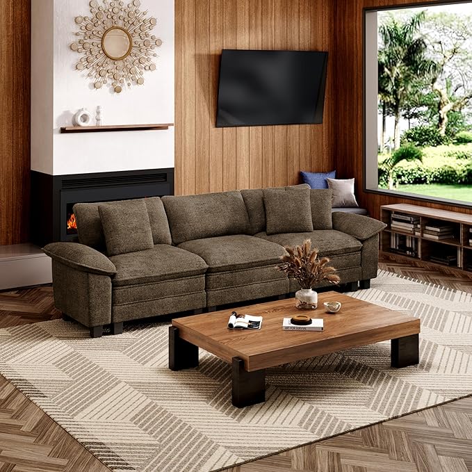 MIXPATIO 123" Cloud Modular Sectional Sofa, 3-Seater w/Deep Seat & Removable Arms, Plush Chenille for Living Room - Taupe