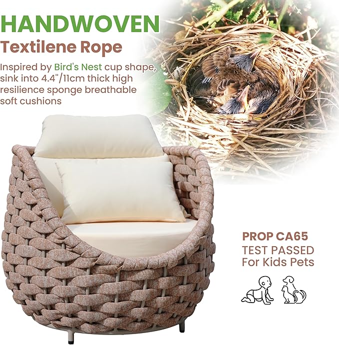 Erotr 3 Pieces Porch Furniture Set: Aluminum Patio Conversation Sofa Set - Assembled Couch Armchair Table Set Cushioned - Hand Woven Rope Chair Set 400 LBS All Weather for Indoor Deck Balcony Hotel
