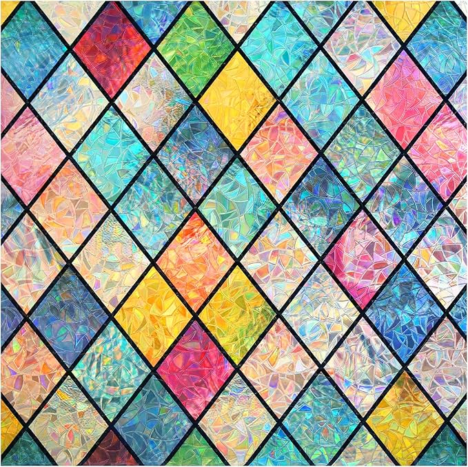 Haton Stained Glass Window Film, Rainbow Window Privacy Film, Decorative Sun Blocking Glass Clings Stickers, Static Cling Colorful Lattice Coverings Decals for Home Door 17.5" x 118.1"
