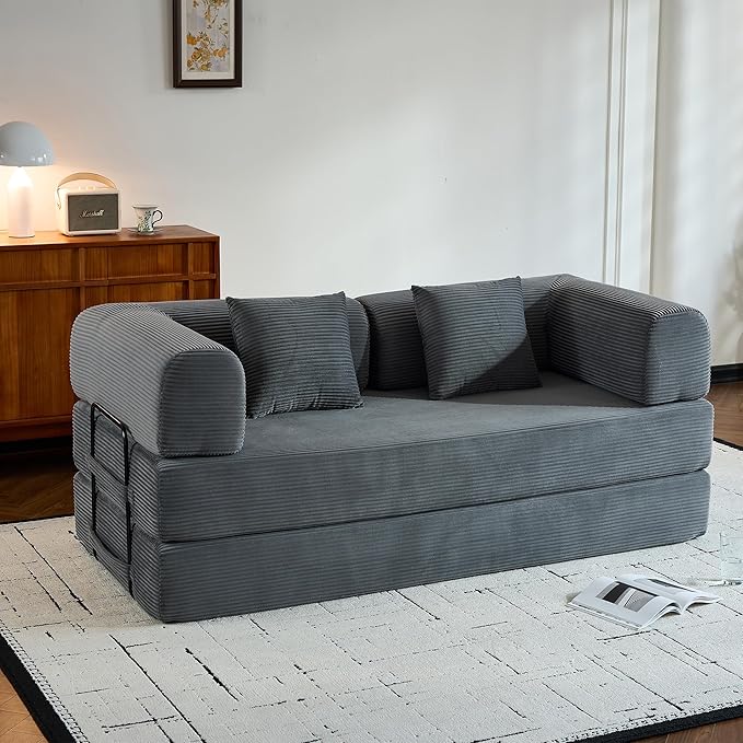 ZEIINPA Comfy Convertible Folding Mattress Couch, Floor Sofa Bed with Fixed-Shape Frame, Corduroy Floor Sofa with Armrest, Floor Sofa Lounge Couch for Living Room Bedroom Lounge Studio,Grey