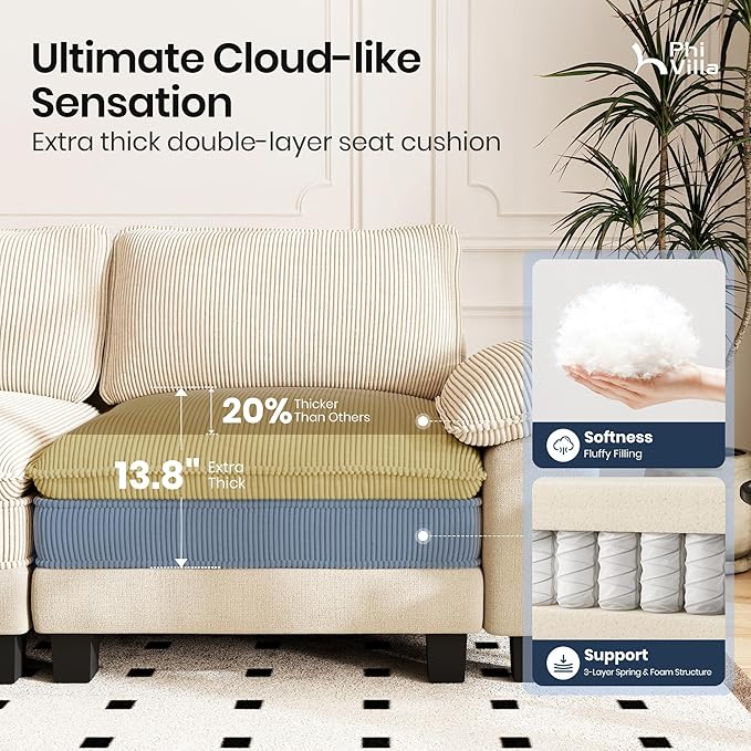 PHI VILLA Cloud Modular Couches Sets, 3 Pieces Sectional Sofa Set with Single Sofa, 5-Seater Upholstered Couch for Living Room Small Spaces, Chenille Corduroy Dual Fabric, Beige