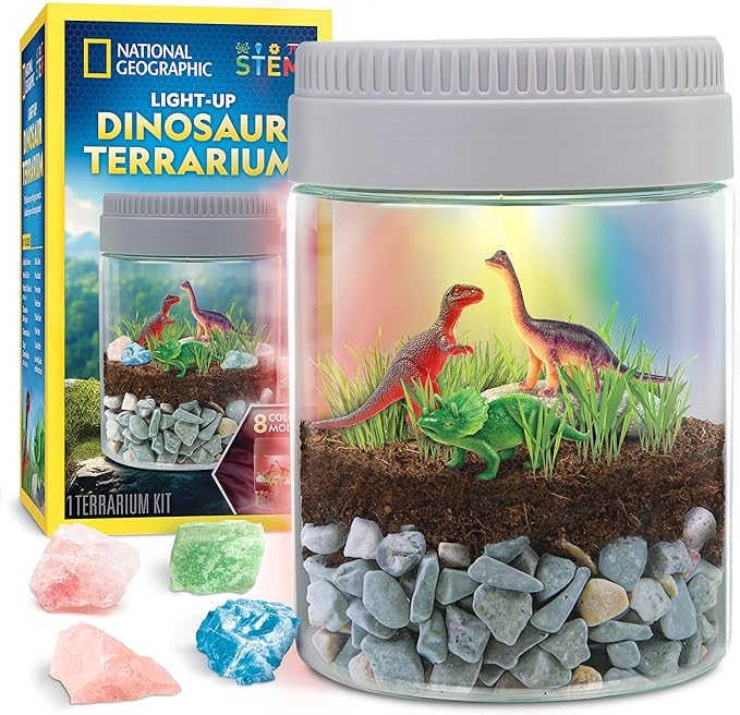 National Geographic Dinosaur Terrarium Kit for Kids – Multicolor Light-Up Terrarium, Build a Dino Habitat with Real Plants...
