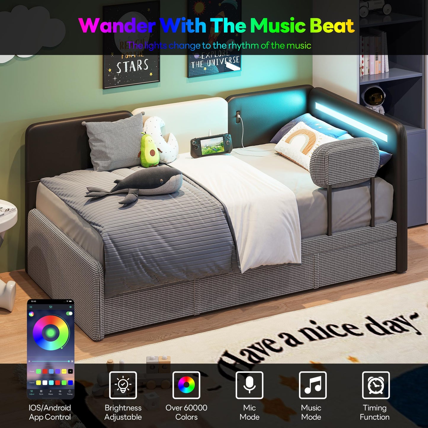LIKIMIO Daybed with Trundle, Twin Day Bed Frame with Upholstered Guardrail, Charging Station & LED, Sofa Bed with Strong Supports, for Bedroom, Living Room, PU Leather