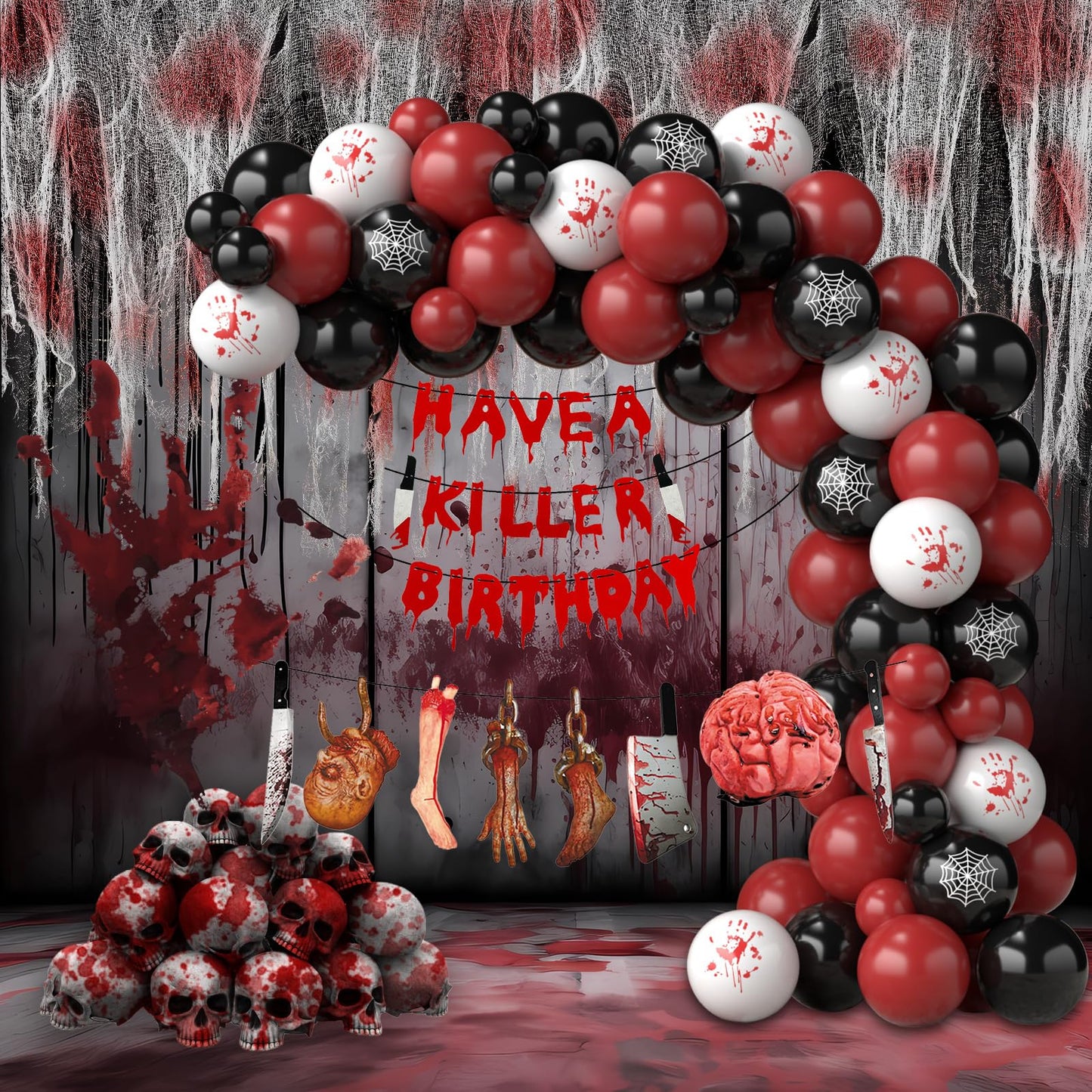 Halloween Balloon Garland with Creepy Cloth & 2 Style Banner - Black Red and Bloody Hand Print White Balloons Different Sizes Balloon Arch Kit for Halloween Scary Birthday Party Decorations Supplies