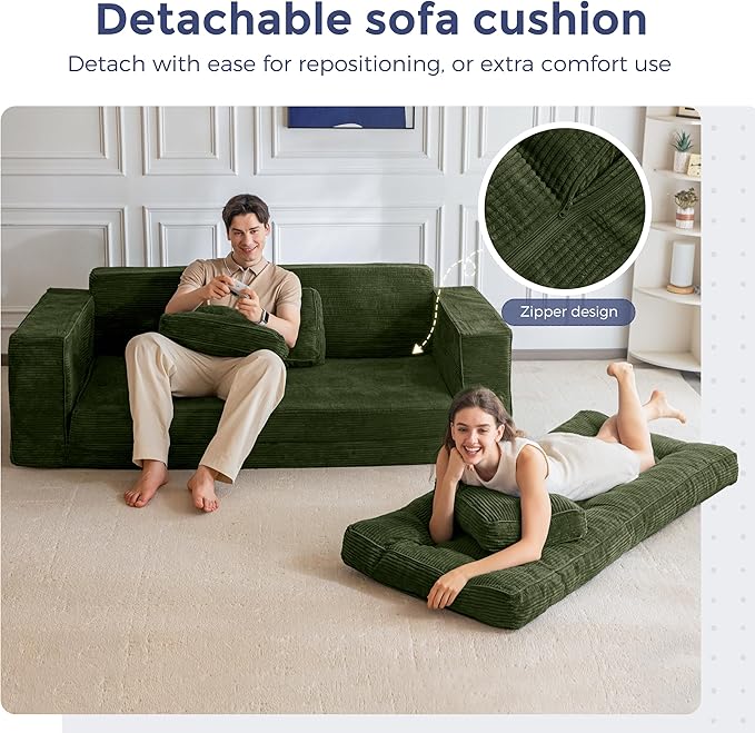 MAXYOYO Convertible Sofa Bed, Pull Out 3 Seater Sleeper Sofa, 2 in 3 Folding Couch Bed, Fold Out Floor Couch with Pillows for Living Room Bedroom Lounge, Dark Green