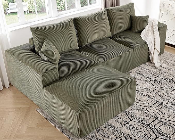 108" Modular Sectional Sofa, Compression Sofa with Deep Seat, Modular L-Shape Couch with Chaise, Upholstered Couches for Living Room Bedroom, No Assembly Required (Green Corduroy, 108" L Shape)