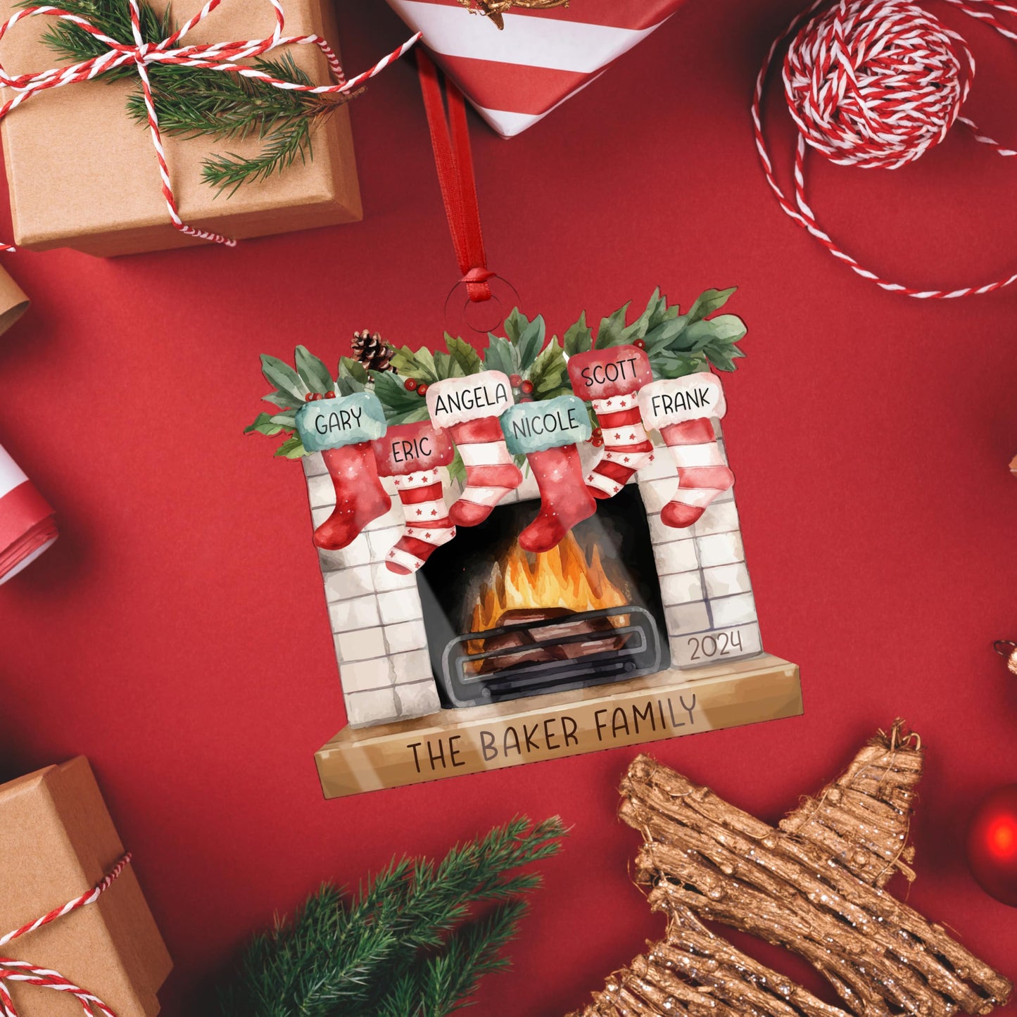 Christmas 2025 Family Ornaments Personalized - Up to 7 Names - Custom Fireplace Mantle Ornament w/Names, Family Christmas Tree Ornament, Personalized 2024 Xmas Ornaments