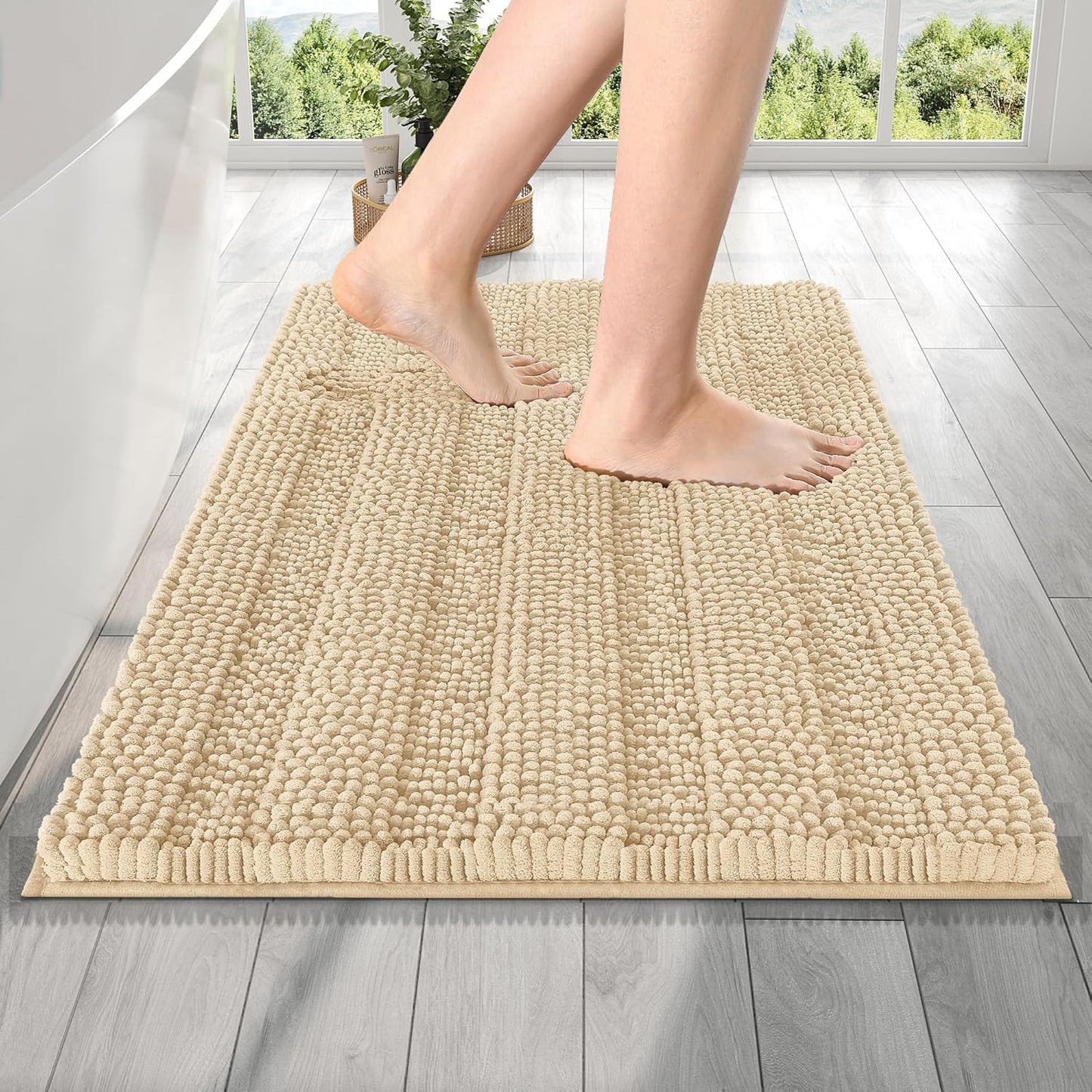 OLANLY Thick Bathroom Rugs 24x16, Extra Soft Absorbent Chenille Striped Bath Rugs, Rubber Backing, Machine Wash Dry, Bath Mats for Bathroom Floor, Tub and Shower, Home Decor Accessories, Beige