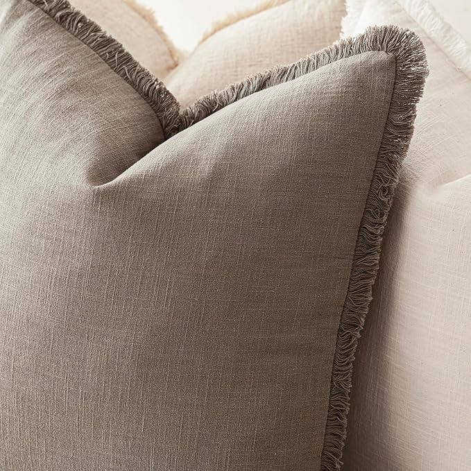Foindtower Set of 2 Decorative Linen Fringe Throw Pillow Covers Cozy Boho Farmhouse Cushion Cover with Tassels Soft Accent Pillowcase for Couch Sofa Bed Living Room Home Decor,26×26 Inch,Brown Tan