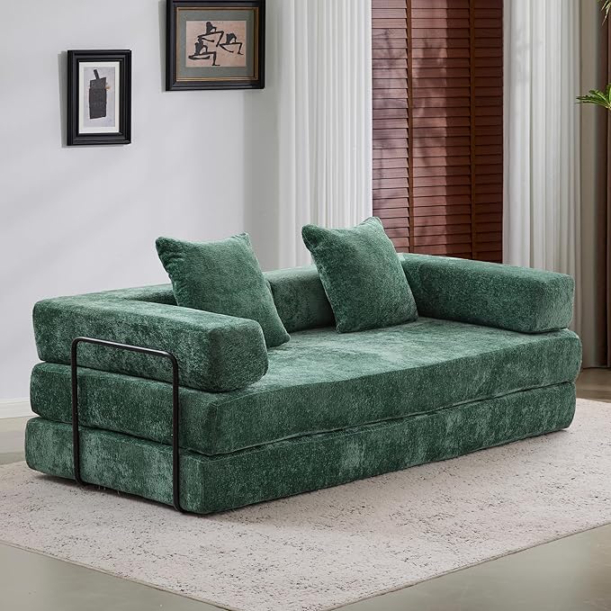 Convertible Couch Sofa Bed Foldable Floor Sleeper | Modern Fold Out Couch | Removable Backrest & Armrests | No Assembly Compression Sofa Sleeper for Living Room, Bedroom | Green Chenille