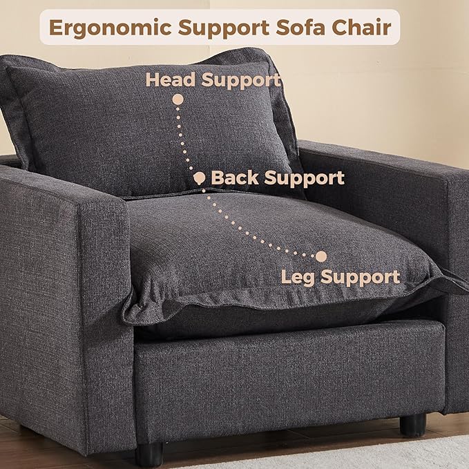 chairus 97" Modular Sectional Sofa with Moveable Ottoman Upholstered Deep Seat Linen Couch Set with Soft Pillows L-Shape Sofa Couch for Living Room, Apartment, Reception Room, 3-Seater/Black