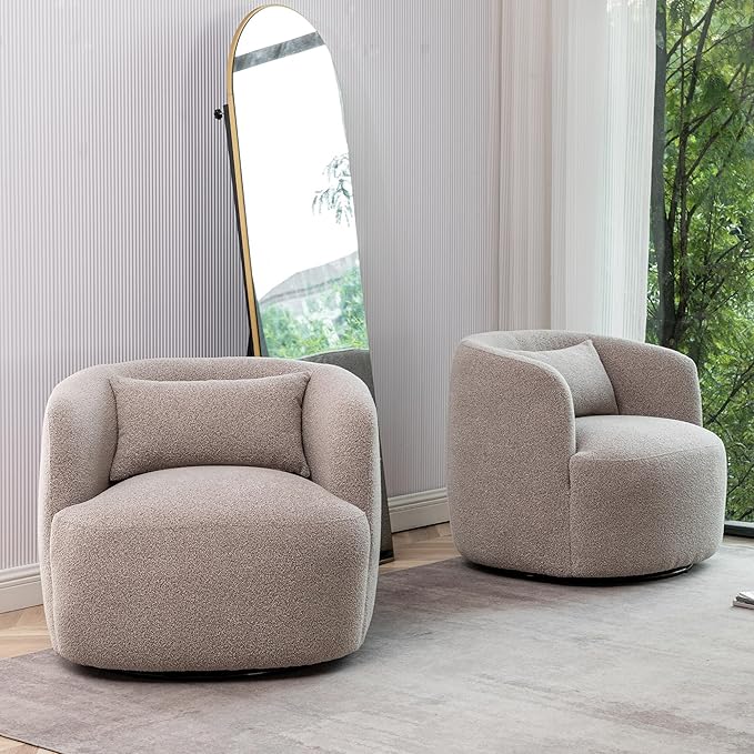 KINWELL 34" Wide Boucle Swivel Barrel Chairs Set of 2, No Assembly Round Upholstered Armchairs Accent Chairs Single Sofa Chair with Toss Pillow for Living Room and Bedroom, Taupe