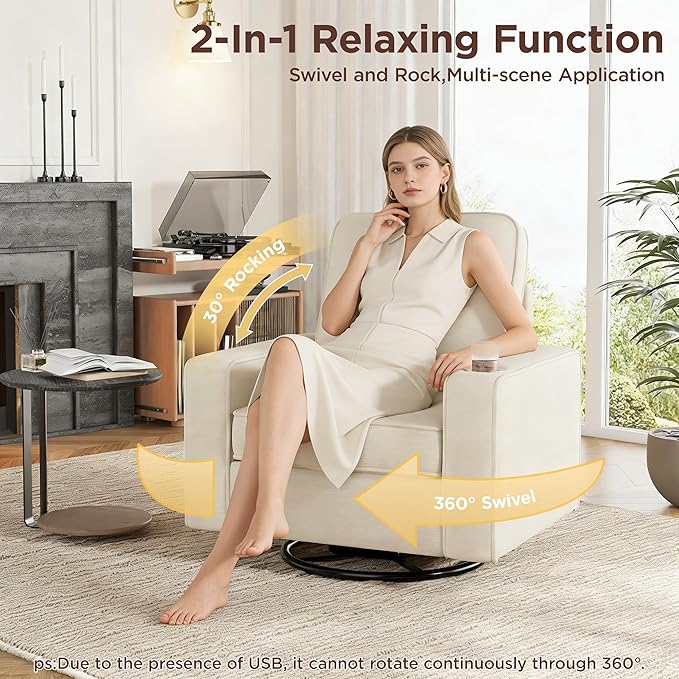 Swivel Square Accent Chair with Wide Armrests,360° Rotating Comfy Single Sofa Chairs with USB/Type-C,Cup Holder & Side Pocket,Modern Armchair for Living Room Bedroom Reading Lounge Nook,Beige White | Swivel Accent Chair, with USB/Type-C, Cup Holder, Si...