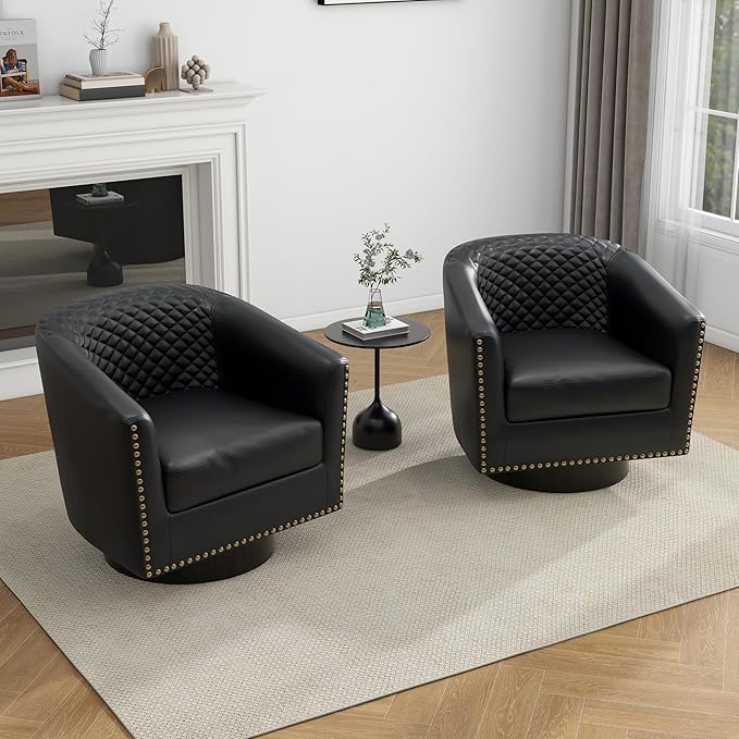 UIXE Swivel Accent Chairs Set of 4, PU Leather Barrel Club Chair for Living Room, Upholstered Round Armchair Comfy Single Sofa Bedroom Reading Seat - Beige Cream