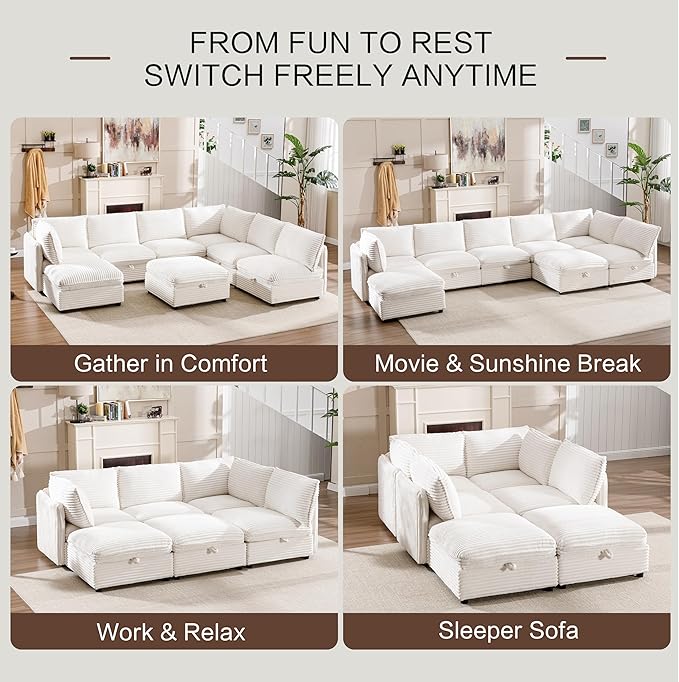 FIRLZY Oversized Modular 8 Seater Sofa with Removable Covers and Storage, Convertible U, L-Shaped and Sleeper Sectional, Modern Corduroy Couches with Ottoman Chaise for Living Room, Blue