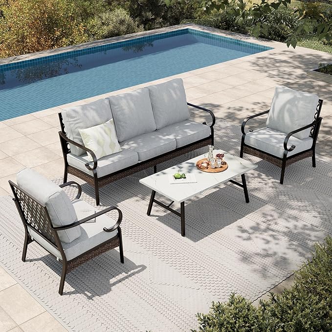 HERA'S HOUSE 4 Piece Metal Patio Furniture Set, All Weather Outdoor Conversation Set with 3 Seat Sofa, 2 x Cushioned Fixed Chair & Coffee Table, Seats 5 for Backyard, Garden, Deck, Light Grey
