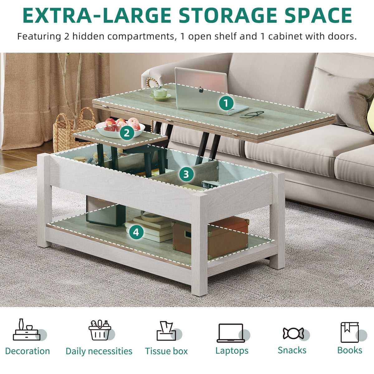 YITAHOME Lift Top Coffee Table for Living Room, 3 in 1 Multi-Function Coffee Tables with Storage, Farmhouse Rectangle Coffee Table Dining Table for Reception Room/Home Office, Grey Wash