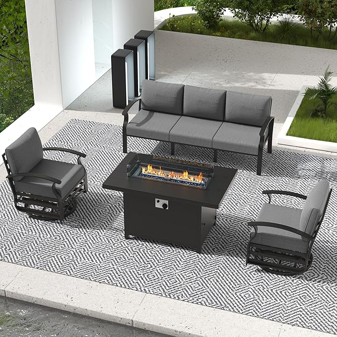 RTDTD Aluminum Outdoor Patio Furniture Set,4 Pieces 5 Seats Patio Conversation Sets with 45" Propane Fire Pit Table,Metal Patio Sectional Furniture Set with 2 Swivel Rocking Chairs,Grey