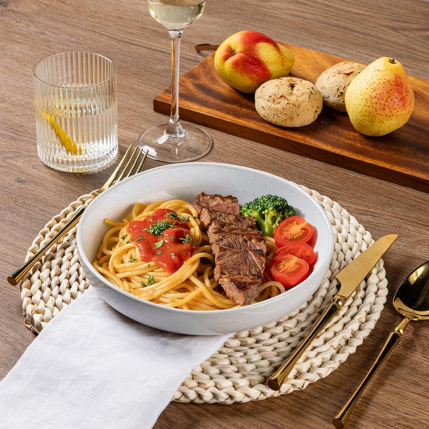 AmorArc Ceramic Dinnerware Sets with Pasta Bowls for 8, Handpainted Plates and Bowls Set with Rustic Terracotta Underside, Scratch Resistant Dishes Set, Dishwasher & Microwave Safe, 32 Pcs
