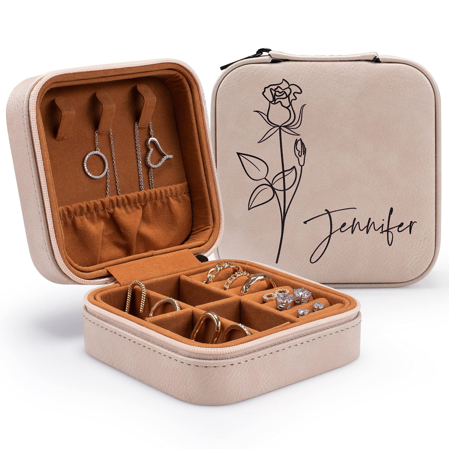 Custom Leather Customized Jewelry Organizer Box w/Name & Birth Flower Month - Birthday Gifts for Women, Mom Personalized Jewelry