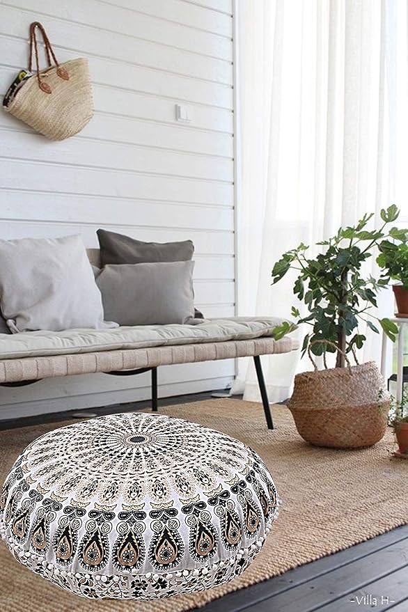 Shubhlaxmifashion Mandala Floor Pillow Cushion Seating Throw Cover Hippie Decorative Bohemian Ottoman Poufs, Pom Pom Pillow Cases,Boho Indian (32 Inches, Gold Black)