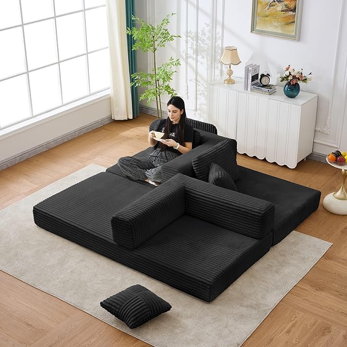 79.5" Folding Convertible Sofa Bed with Side Storage Pockets, 4-in-1 Corduroy Boneless Couch, No Assembly Loveseat Sleeper, Floor Sofa Daybed Futon Couch for Living Room Bedroom Lounge, Black Upgraded