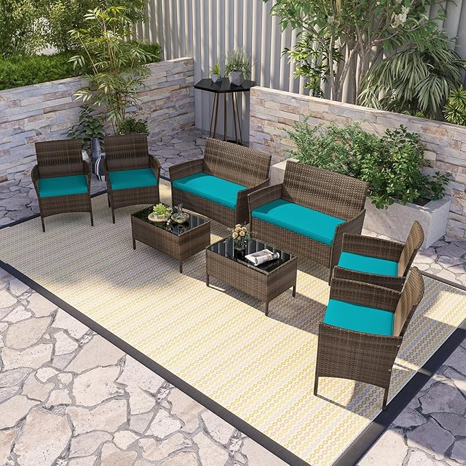 RELAX4LIFE 8-Piece Patio Furniture Set - Rattan Outdoor Conversation Bistro Set w/Cushions, Glass Coffee Table, Wicker Chairs & Loveseat for Garden Backyard Porch, Balcony Furniture Set (2, Turquoise)