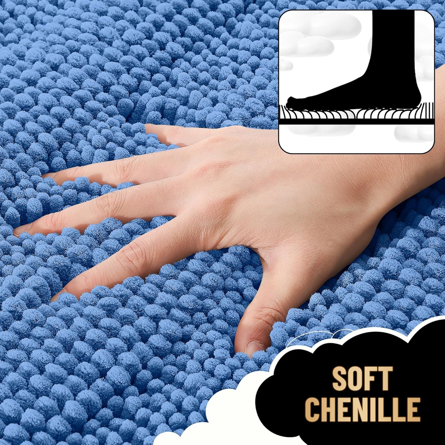OLANLY Thick Bathroom Rugs 30x20, Extra Soft Absorbent Chenille Striped Bath Rugs, Rubber Backing, Machine Wash, Bath Mats for Bathroom Floor, Tub and Shower, Home Decor Accessories, Cornflower Blue