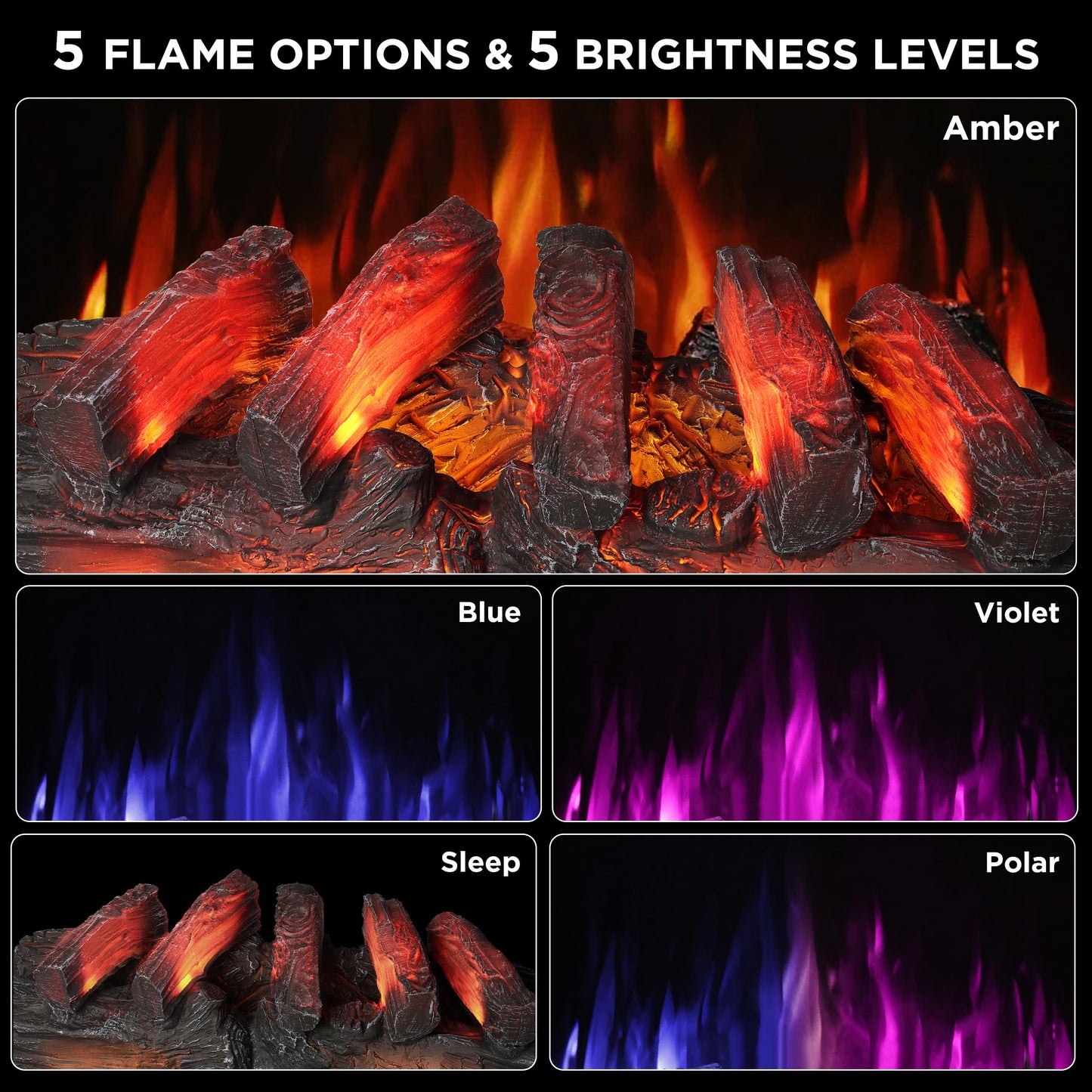 TURBRO Eternal Flame 30 in. WiFi Infrared Quartz Electric Fireplace Log Heater with Sound Crackling, Realistic Pinewood Logs, Adjustable Flame Colors, Remote Control, Thermostat, Timer, 1500W, Bronze