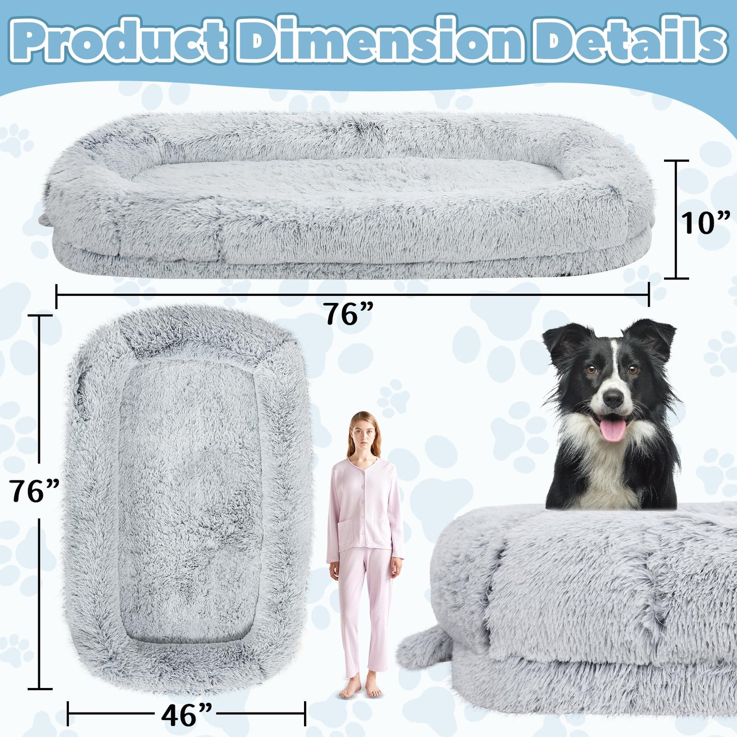 Murago Human Dog Bed for Adults, 46 x 10 x 76 Long Human Size Dog Bed, Removable Cover, Orthopedic Design, [Light Grey]