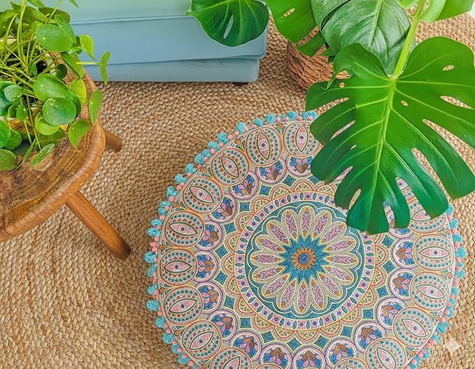 Mandala Life ART Moroccan Large Floor Pillow Cover with Tassels and Ponpon Bedroom Décor Round Pouf Ottoman Boho Chic Seating Area Beanbag Footstool Stool Cotton 24x8 Unstuffed