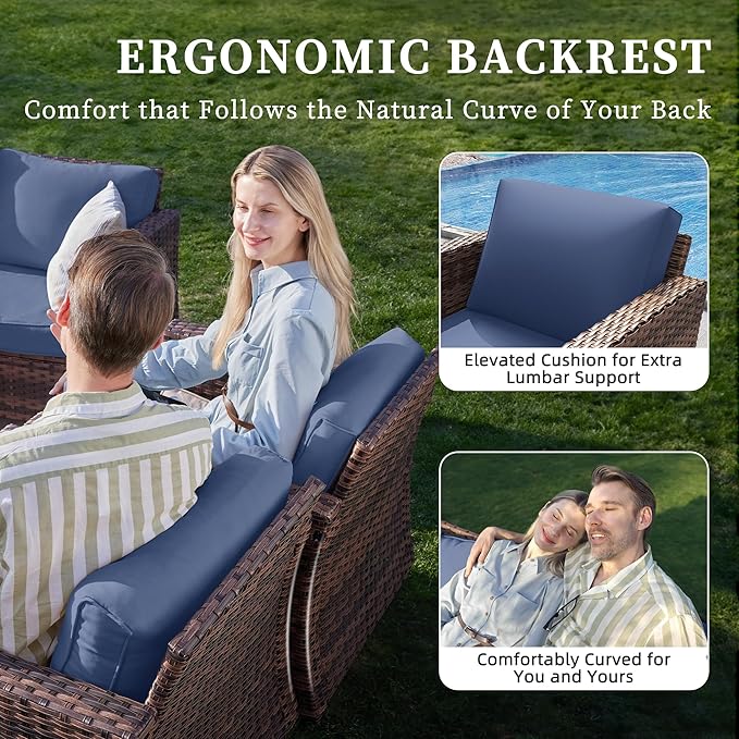 UDPATIO 5 Pieces Patio Furniture Set with Fire Pit Table, Outdoor Conversation Set with Rocking Swivel Chairs, Wicker Furniture Set with Waterproof Cover, 4'' Thickened Cushion, Navy