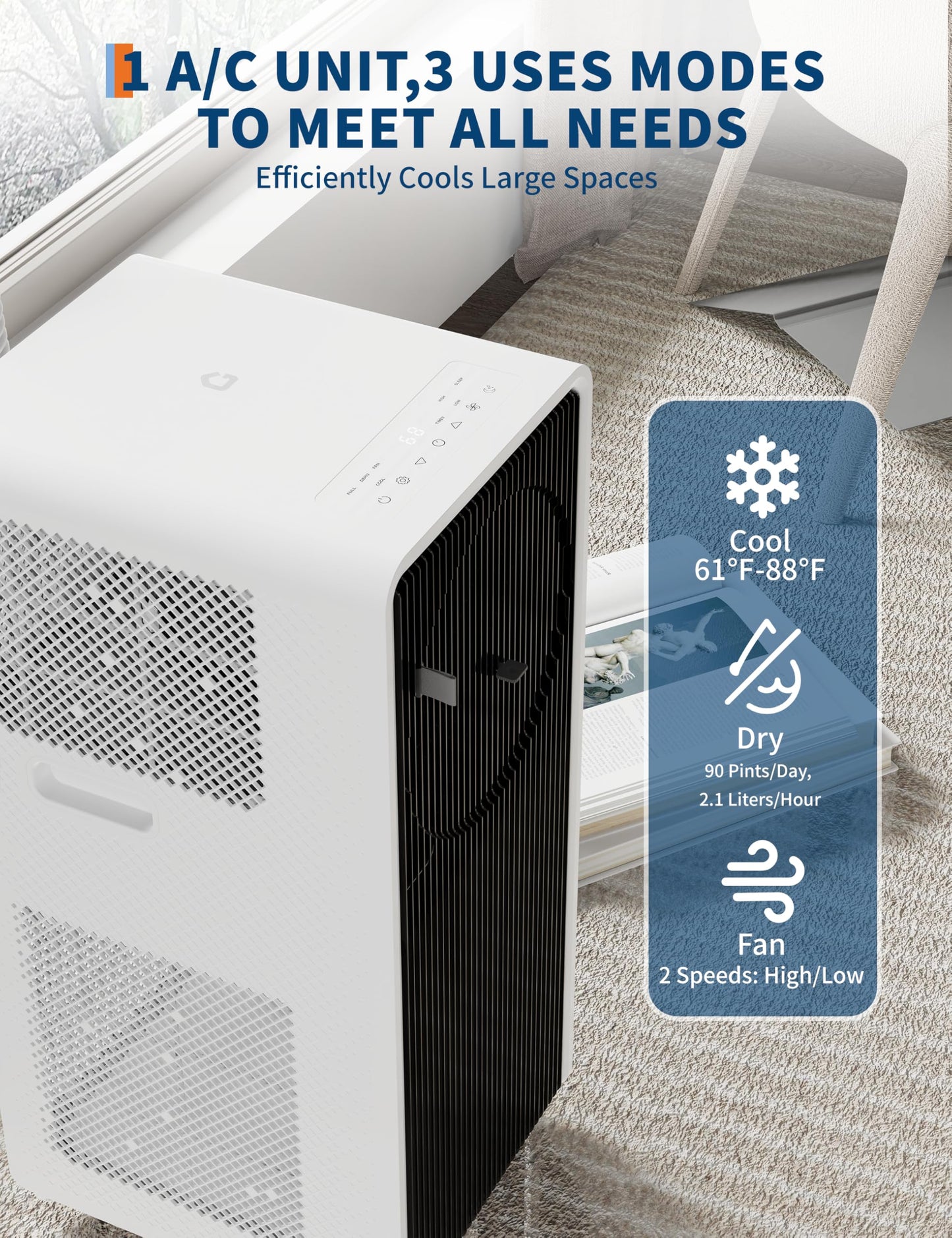 14,000 BTU Air Conditioner Portable, 3 in-1 Room Standing Air Conditioners with Remote Control, Fast Cools 750 Sq.Ft. for Indoor Room, Dorms - Black
