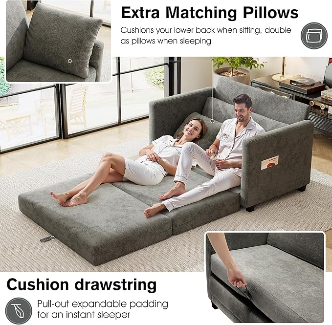 kakuboohi 51" Loveseat Sleeper Sofa Bed, Chenille Convertible Floor Sofa Bed for Small Spaces, Folding Couch Bed with Deep Seat, 2 Pillows & Solid Frame, Pull Out Floor Couch for Living Room, Grey