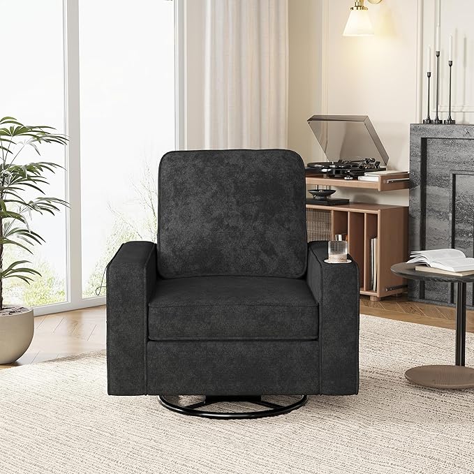Swivel Square Accent Chair with Wide Armrests,360° Rotating Comfy Single Sofa Chairs with USB/Type-C,Cup Holder & Side Pocket,Modern Armchair for Living Room Bedroom Reading Lounge Nook,Dark Grey | Swivel Accent Chair, with USB/Type-C, Cup Holder, Side...
