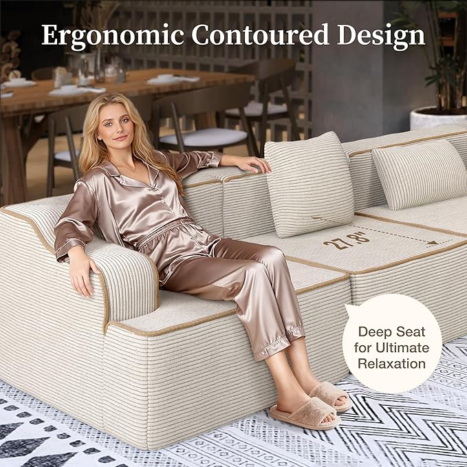 SUNSHINE VALLEY 3 Seat Boneless Sectional Couch in Box, 104'' Corduroy Modular Cloud Sofa for Living Room Bedroom, Modern Upholstered Couch with Deep Seat, No Assembly Required, Beige