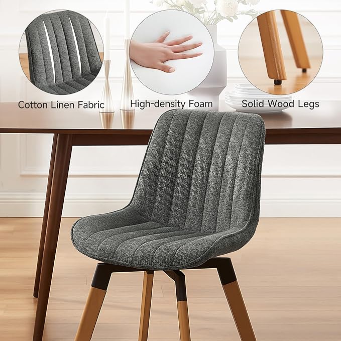 Art Leon Dining Chairs Set of 4, Mid Century Modern Swivel Dining Room Chairs, Fabric Upholstered Armless Side Chairs with Wood Legs for Kitchen Living Room Bedroom, Dark Gray