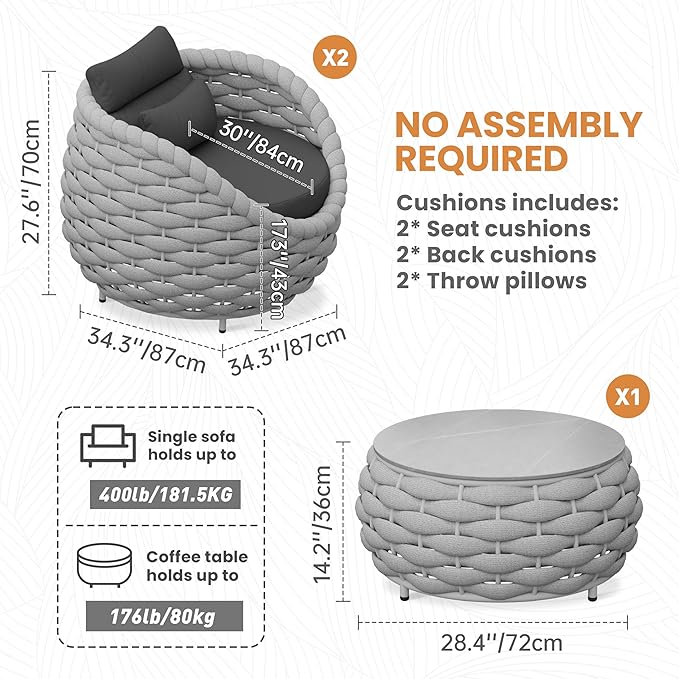 Erotr 3 Pieces Aluminum Patio Furniture Sofa Sets: Hand Woven Rope Outdoor Conversation Set of 2 - Assembled Modern Cushions Couch Armchair Table Set - All Weather for Indoor Deck Porch Pool Hotel