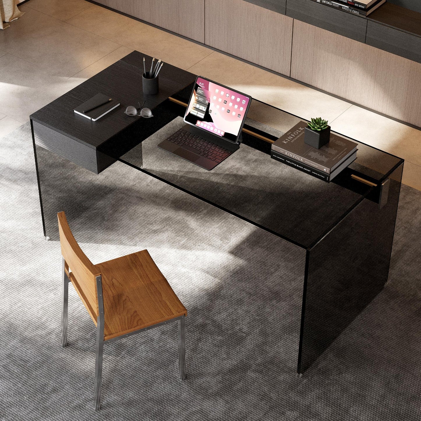 gaoyangjiaju Modern L-Shaped Glass Desk with Wooden Drawer – Black Tempered Glass Computer Desk with Storage for Home Office & Study