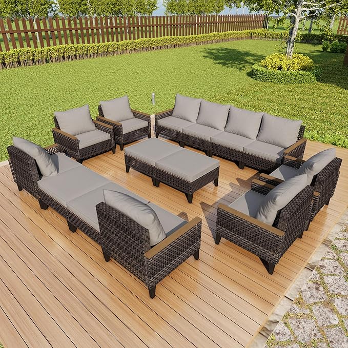 14 Pieces Patio Conversation Set, Wicker Rattan Sectional Modular Sofa Seating Set with Armchairs and Ottomans, Outdoor Furniture for Porch, Poolside, Deck, Balcony, Backyard, Yard (Gray Cushions)