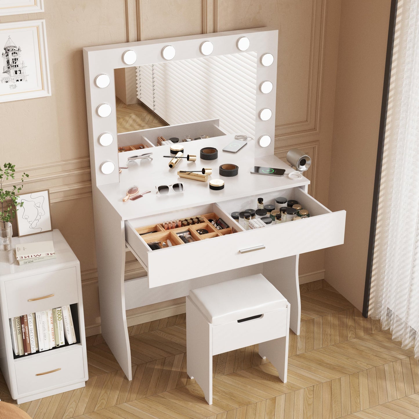 Vanity Desk with Lights, Makeup Vanity Desk with Lighted Mirror and Charging Station, ，3 Lighting Modes Adjustable Brightness,Makeup Vanity Set with Cushioned Chair