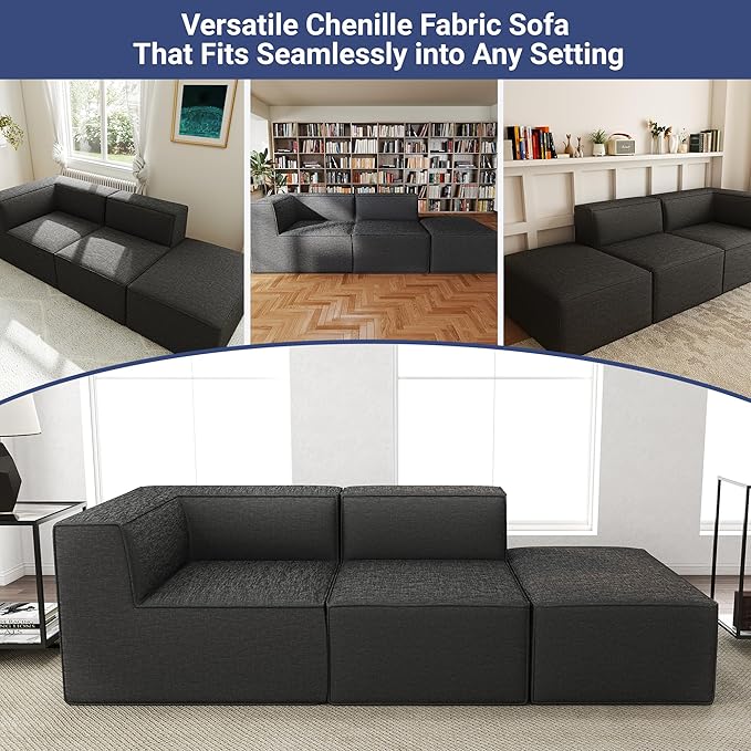 KOBY HOME 106" Sectional Compressed Sofa Modular Couches,High-Density Foam No Assembly Required,3-Piece(1xCorner 1xArmless 1xOttoman) for Living Room, Chenille Dark Gery