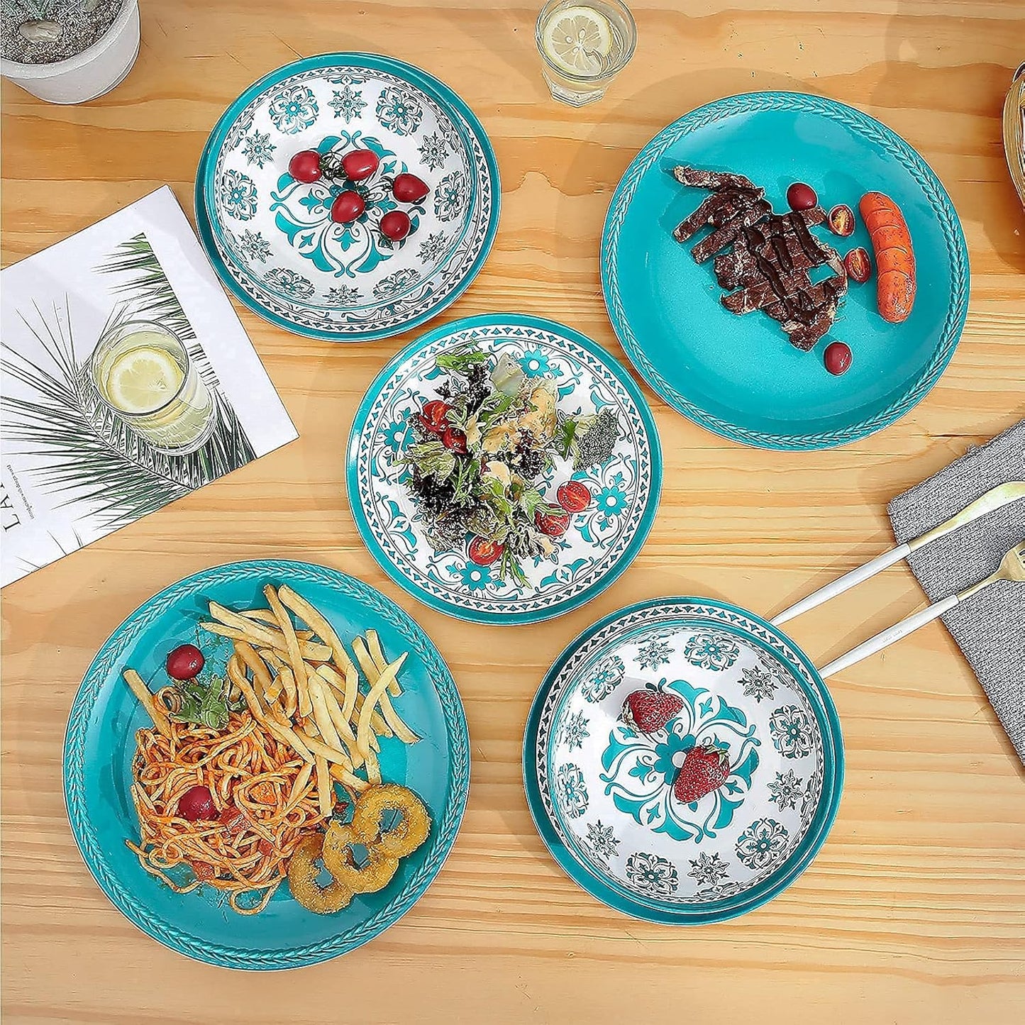 Melamine Dinnerware Set 12-Piece (Service for 4) – Dishwasher Safe, Unbreakable Lightweight Plates & Bowls for Indoor/Outdoor Use – Patio, Kids, Camping