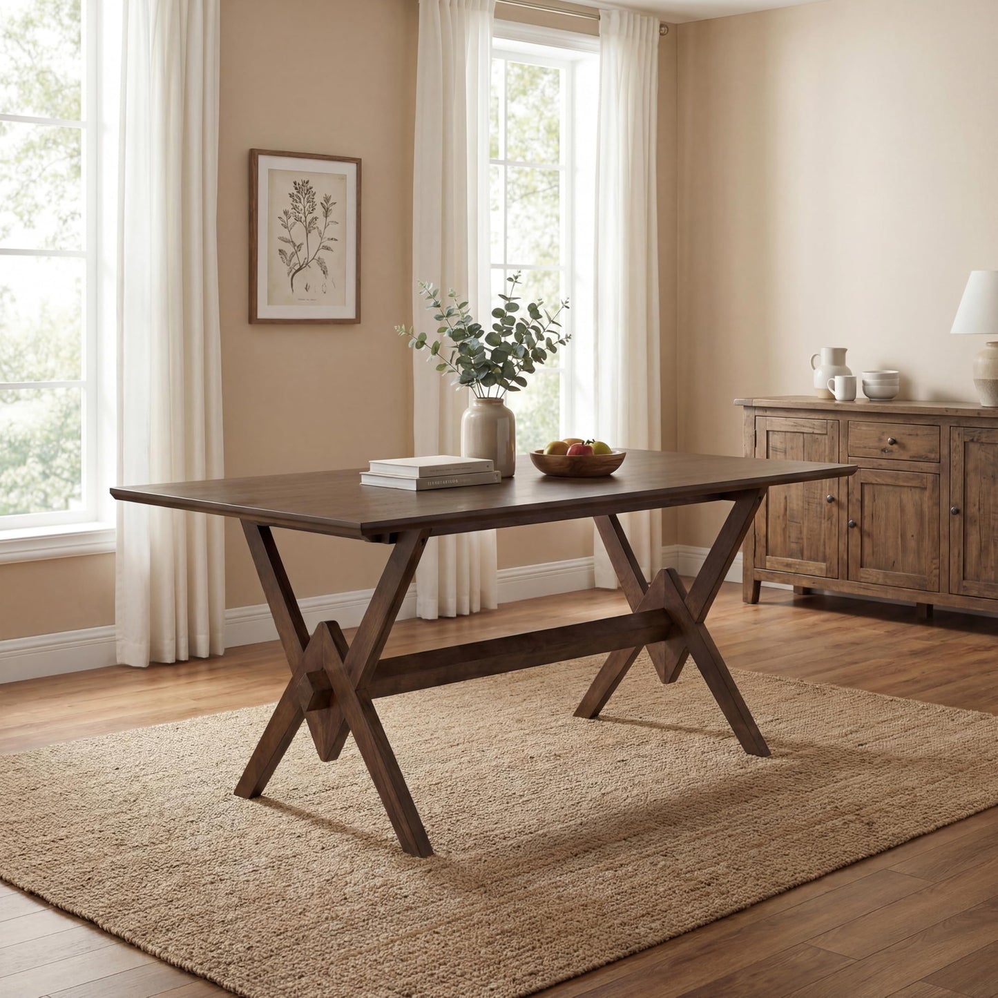 Merax Farmhouse Dining Table for 6, 63 Inch Rectangular Wooden Kitchen Table with Double V Base, Rustic Dining Table with Engineered Wood Top and Solid Wood Legs, Walnut