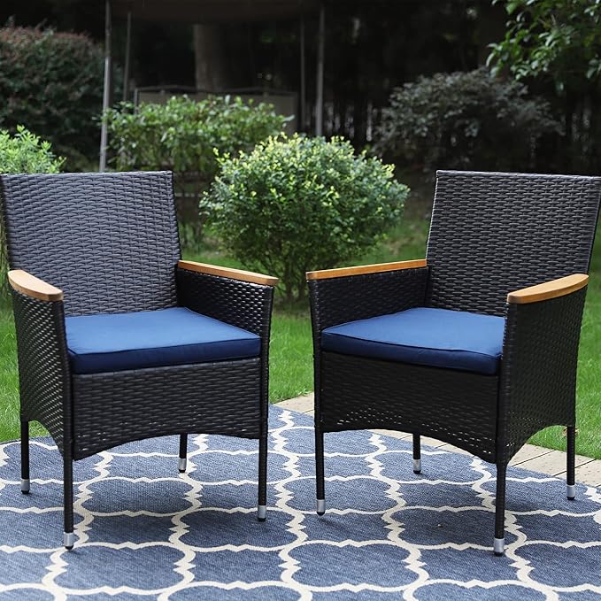 Sophia & William Rattan Patio Chairs Set of 2, 2 Pcs Wicker Outdoor Dining Chairs with Seat Cushions & Wood Armrest