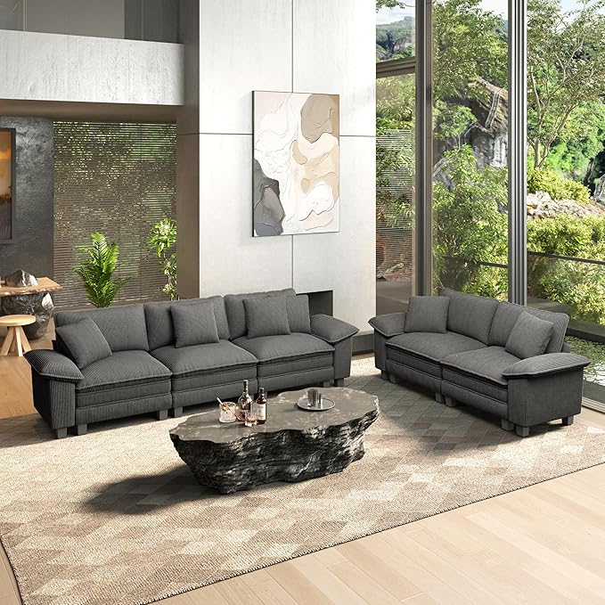 HERA'S HOUSE 2 Pieces Modular Sectional Sofa Sets, Oversized Couch Set with Loveseats, Comfy Cloud Couches with Throw Pillows, 5-Seater Deep Seat Sofa for Living Room, Corduroy Grey