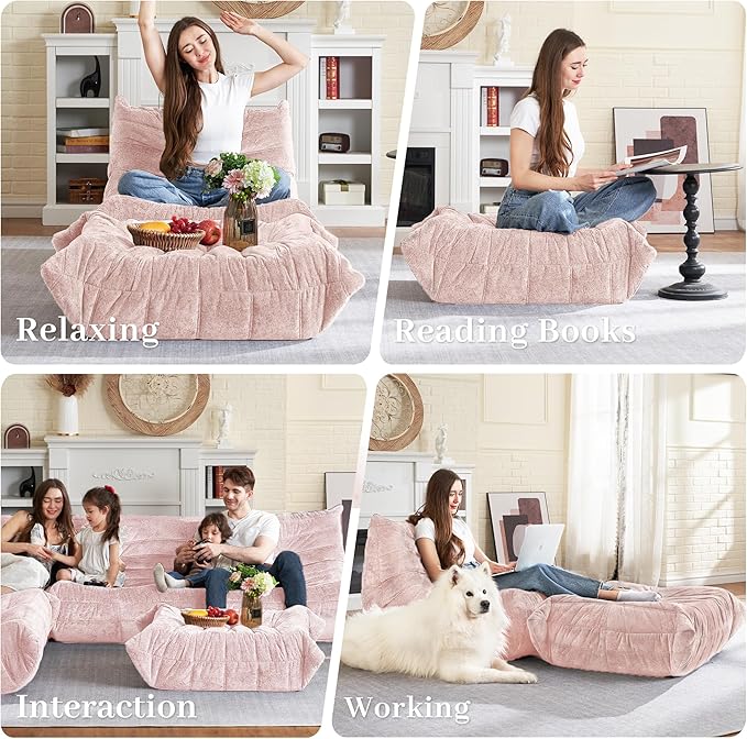 HABUTWAY Bean Bag Ottoman,Foot Rest,Fireside Chair Memory Foam Lazy Bean Bag Sofa for Living Room,Bedroom,Dorm,Office (Ottoman-Pink)