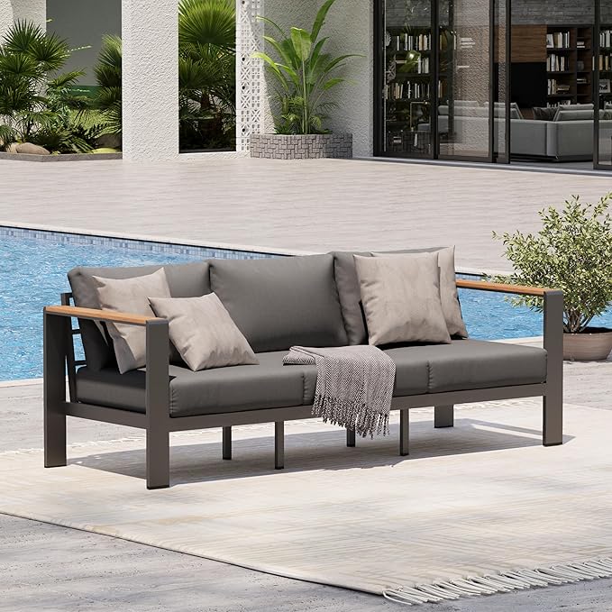 Oasbira Aluminum Outdoor Patio Furniture, 3 Seats All-Weather Outdoor Patio Sofa with Washable Thick Cushion, Patio Sofa Couch for Porch, Balcony, Deck, Yard, Graphite