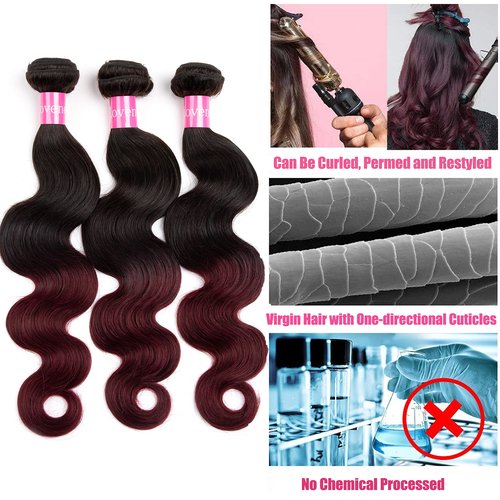 Lovenea Ombre Body Wave Human Hair Bundles 14+16+18 inch Ombre 3 Bundles 2 Tone Black to Burgundy Human Hair Weave (14 16 18, T99J#)