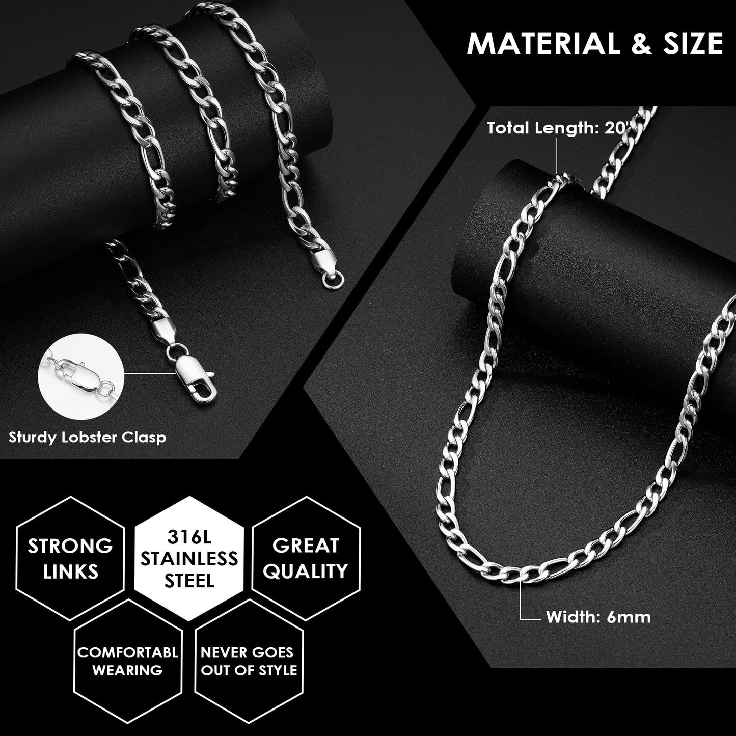 IEFLIFE Gift for Brother - Mens Necklace Chain Gifts for Brother Adult, Fathers Day Graduation Birthday Gifts for Him Men from Sister, 6mm Width Stainless Steel Figaro Chain for Him Necklace Jewelry